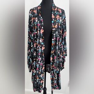 Natori Vibrant Artistic Kimono Asian Tea Party Print Black XL